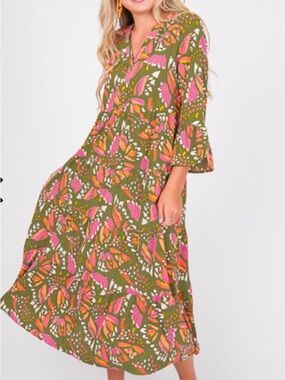 Michelle McDowell Vibrant Green Floral Print Women's Dress with Pink Accents